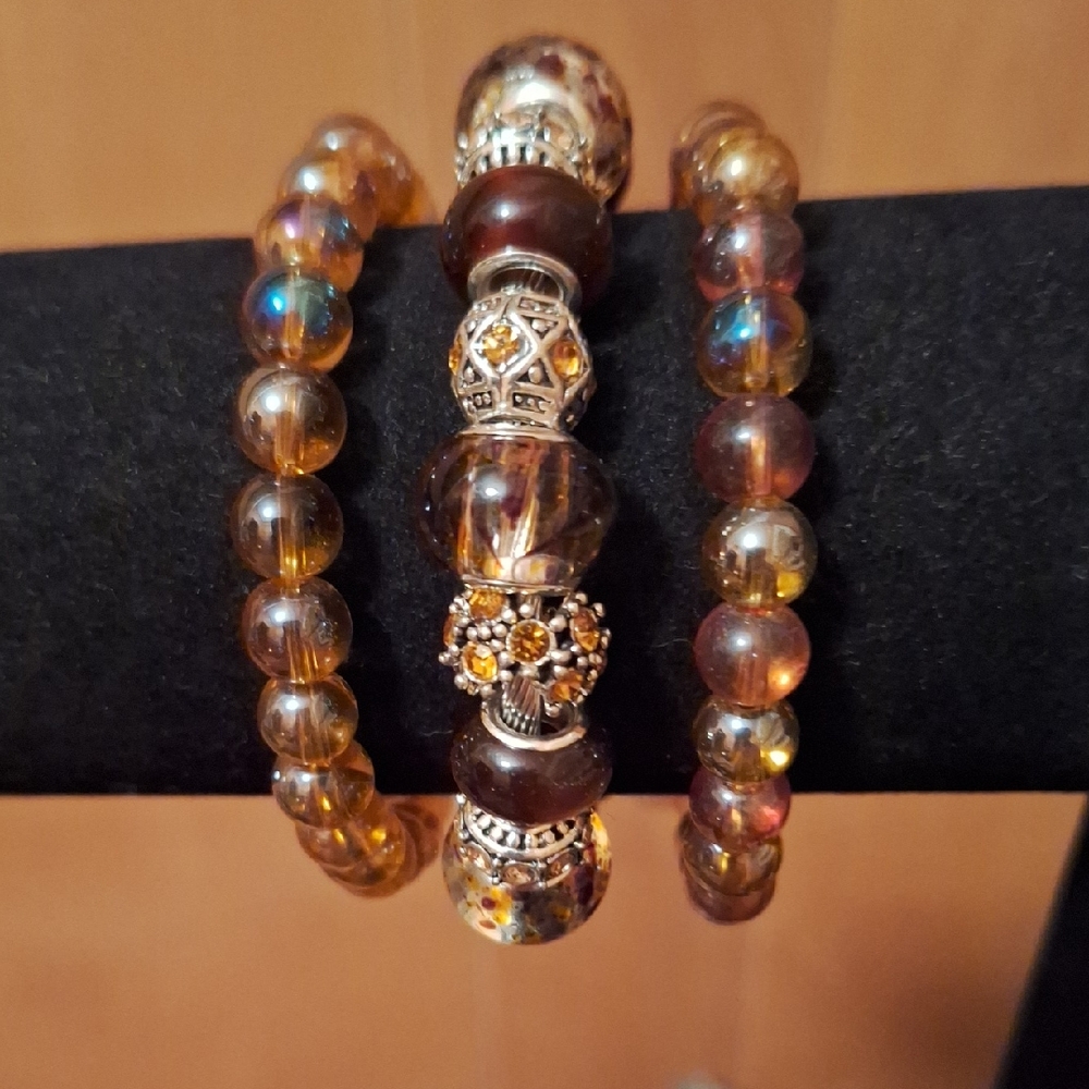 Amber and Silver Beaded Bracelet Set